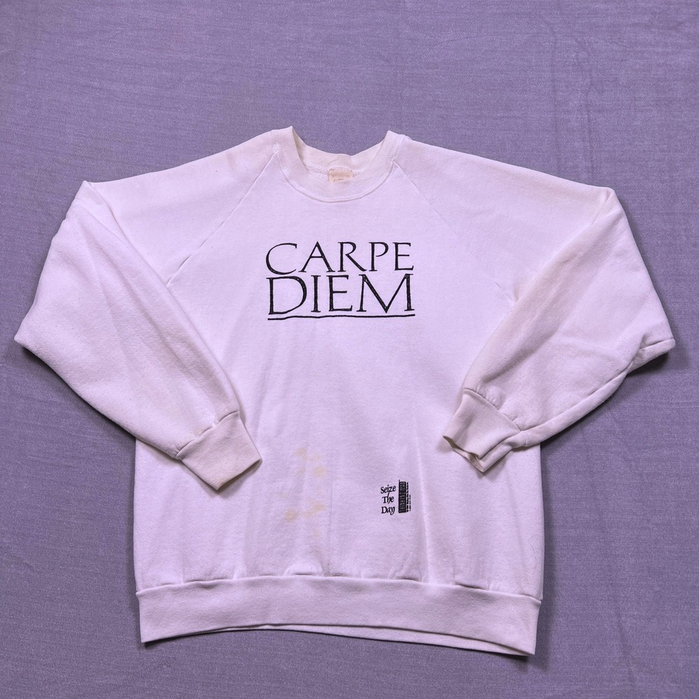 Vintage Carpe Diem Seize The Day Sweatshirt Mens Large White Raglan Crewneck